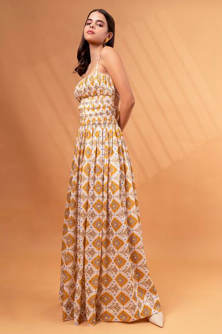 Shop_Therealb_Yellow Cotton, Linen Square Neck Floral Abstract Pattern Dress _Online_at_Aza_Fashions