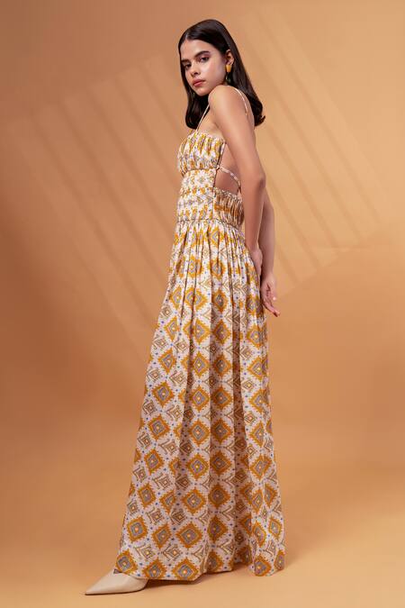Therealb_Yellow Cotton, Linen Square Neck Floral Abstract Pattern Dress _at_Aza_Fashions