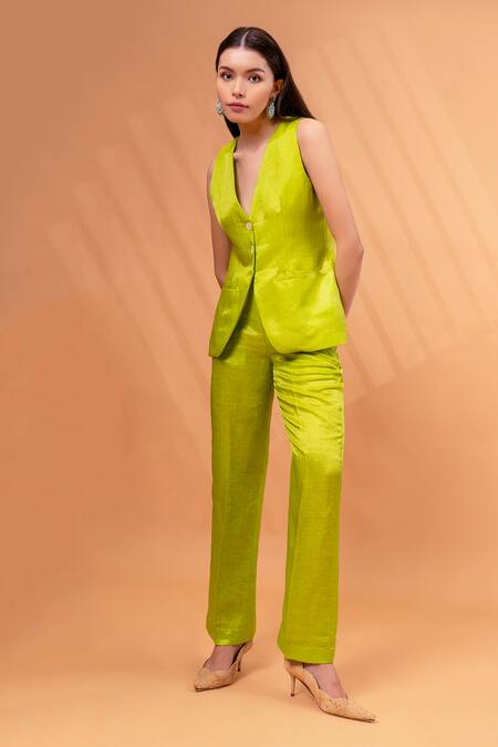 Therealb_Yellow Satin, Linen V-neck Solid Jacket With Pant _Online_at_Aza_Fashions
