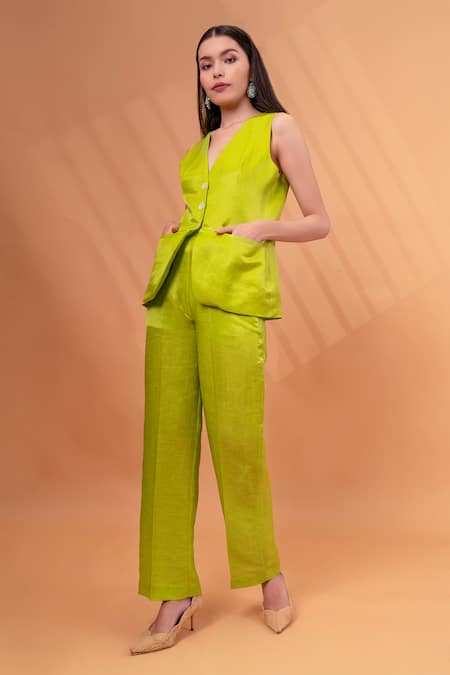 Shop_Therealb_Yellow Satin, Linen V-neck Solid Jacket With Pant _Online_at_Aza_Fashions