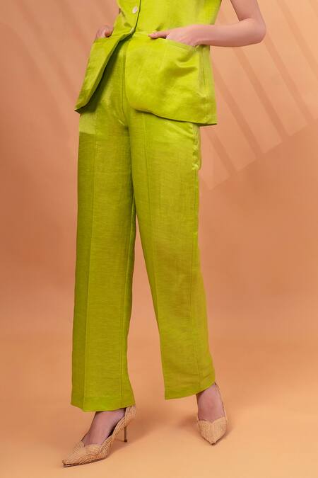 Therealb_Yellow Satin, Linen V-neck Solid Jacket With Pant _at_Aza_Fashions