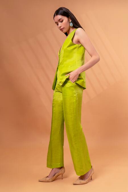 Buy_Therealb_Yellow Satin, Linen V-neck Solid Jacket With Pant 