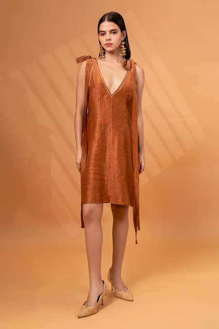 Therealb_Brown Cotton, Linen V-neck Solid Tie-up Strap Dress _Online_at_Aza_Fashions