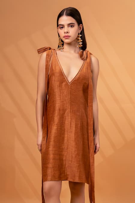 Buy_Therealb_Brown Cotton, Linen V-neck Solid Tie-up Strap Dress _Online_at_Aza_Fashions