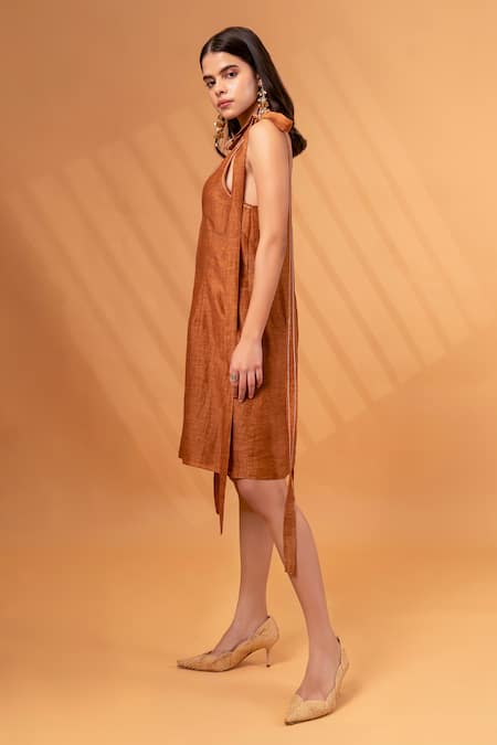 Therealb_Brown Cotton, Linen V-neck Solid Tie-up Strap Dress _at_Aza_Fashions