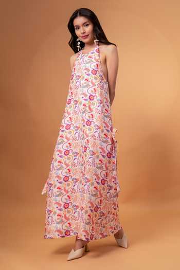Therealb_Multi Color Cotton, Linen Halter Neck Retro Floral Print Maxi Dress _Online_at_Aza_Fashions