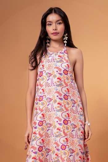 Buy_Therealb_Multi Color Cotton, Linen Halter Neck Retro Floral Print Maxi Dress _Online_at_Aza_Fashions