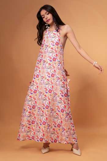 Shop_Therealb_Multi Color Cotton, Linen Halter Neck Retro Floral Print Maxi Dress _Online_at_Aza_Fashions