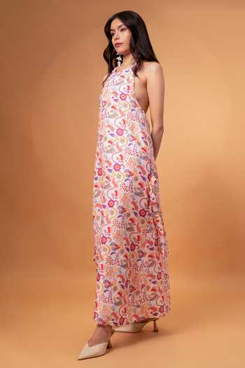 Therealb_Multi Color Cotton, Linen Halter Neck Retro Floral Print Maxi Dress _at_Aza_Fashions