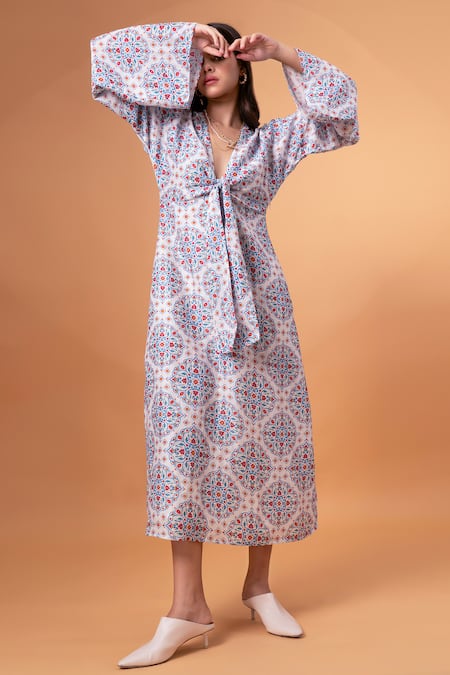 Therealb_White Cotton, Linen V-neck Floral Mandala Print Dress _Online_at_Aza_Fashions