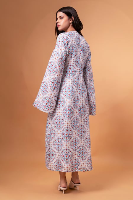 Therealb_White Cotton, Linen V-neck Floral Mandala Print Dress _at_Aza_Fashions