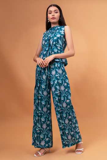 Therealb_Blue Cotton, Linen Mandarin Collar Floral Print Top With Pant _Online_at_Aza_Fashions