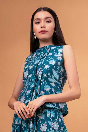 Buy_Therealb_Blue Cotton, Linen Mandarin Collar Floral Print Top With Pant _Online_at_Aza_Fashions