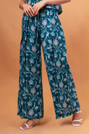 Shop_Therealb_Blue Cotton, Linen Mandarin Collar Floral Print Top With Pant _Online_at_Aza_Fashions