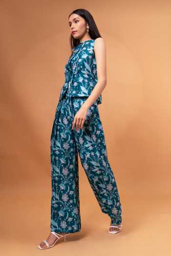 Therealb_Blue Cotton, Linen Mandarin Collar Floral Print Top With Pant _at_Aza_Fashions