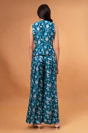 Buy_Therealb_Blue Cotton, Linen Mandarin Collar Floral Print Top With Pant 