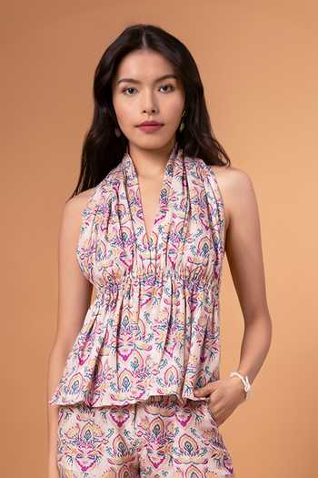 Therealb_Multi Color Cotton, Linen Embroidery Halter Neck Floral Print Top With Pant _Online_at_Aza_Fashions