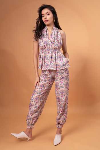 Buy_Therealb_Multi Color Cotton, Linen Embroidery Halter Neck Floral Print Top With Pant _Online_at_Aza_Fashions