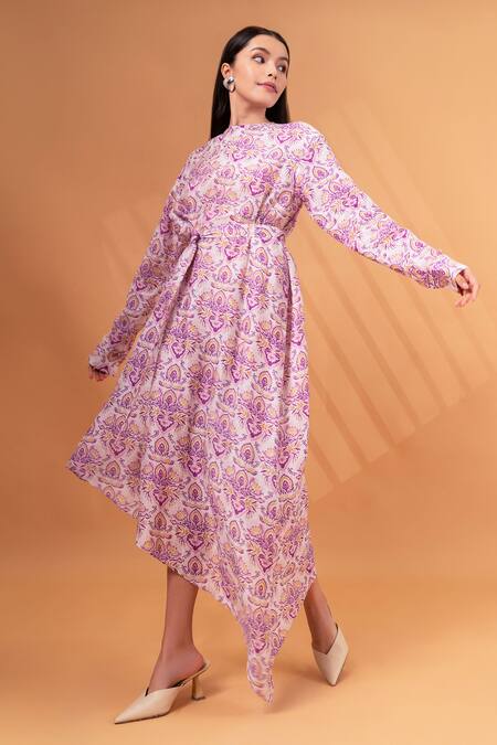 Buy_Therealb_Purple Cotton, Linen Embroidery Round Neck Floral Mandala Print Asymmetric Dress _Online_at_Aza_Fashions