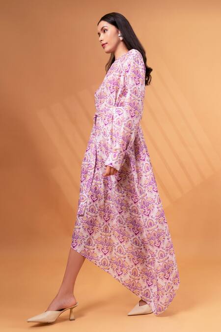 Shop_Therealb_Purple Cotton, Linen Embroidery Round Neck Floral Mandala Print Asymmetric Dress _Online_at_Aza_Fashions