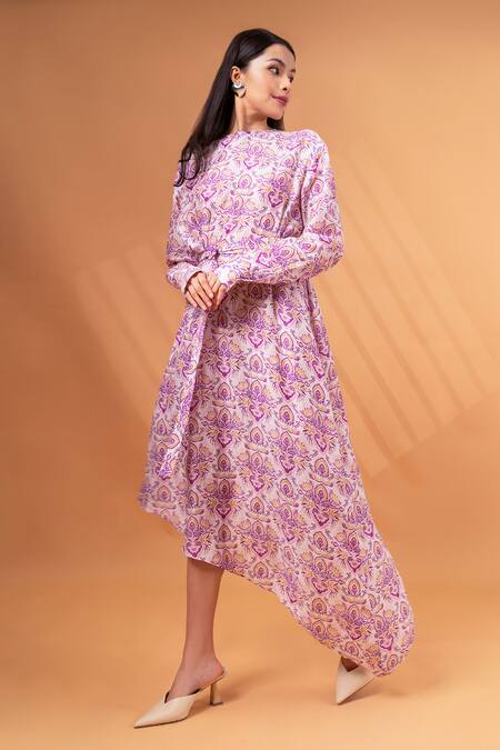 Therealb_Purple Cotton, Linen Embroidery Round Neck Floral Mandala Print Asymmetric Dress _at_Aza_Fashions