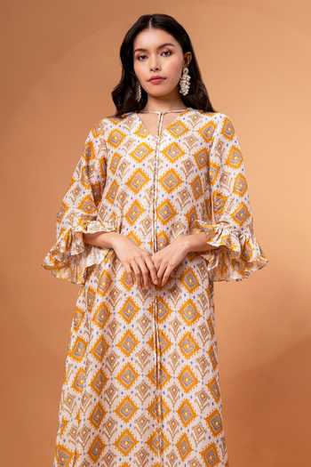 Therealb_Yellow Cotton, Linen Embroidery V-neck Diamond Print Dress _Online_at_Aza_Fashions