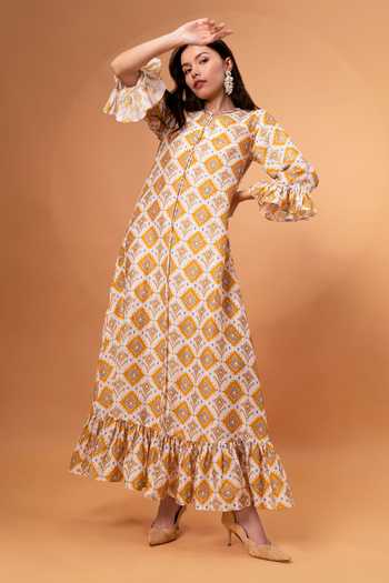 Buy_Therealb_Yellow Cotton, Linen Embroidery V-neck Diamond Print Dress _Online_at_Aza_Fashions