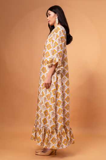 Shop_Therealb_Yellow Cotton, Linen Embroidery V-neck Diamond Print Dress _Online_at_Aza_Fashions