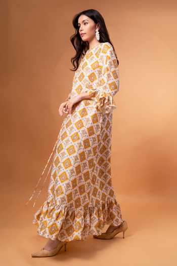 Therealb_Yellow Cotton, Linen Embroidery V-neck Diamond Print Dress _at_Aza_Fashions