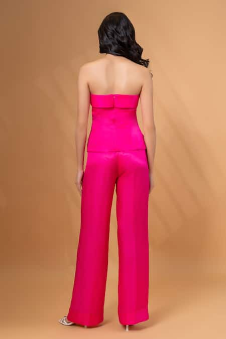 Shop Therealb Pink Satin, Linen Square Neck Top With Pant at Aza Fashions Shop_Therealb_Pink Satin, Linen Square Neck Top With Pant _at_Aza_Fashions