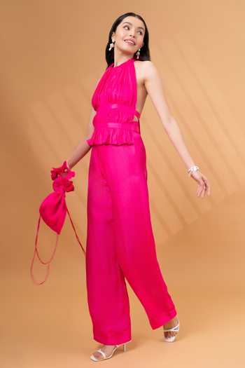 Buy_Therealb_Pink Satin, Linen Halter Neck Backless Top With Pant _Online_at_Aza_Fashions
