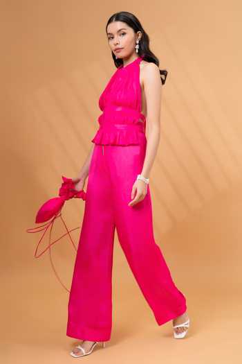 Therealb_Pink Satin, Linen Halter Neck Backless Top With Pant _at_Aza_Fashions