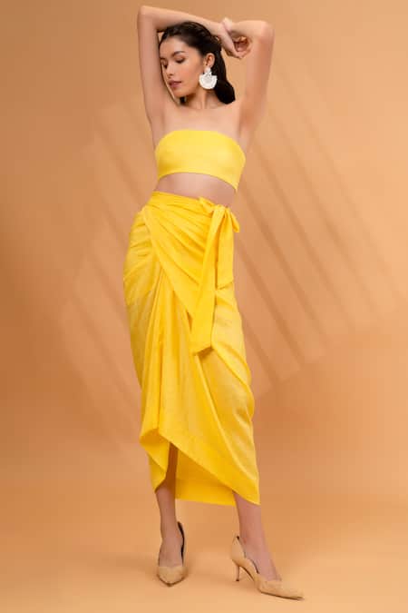 Shop Therealb Yellow Satin, Linen Square Neck Cotton Tube Top With Wrap Skirt at Aza Fashions Shop_Therealb_Yellow Satin, Linen Square Neck Cotton Tube Top With Wrap Skirt _at_Aza_Fashions