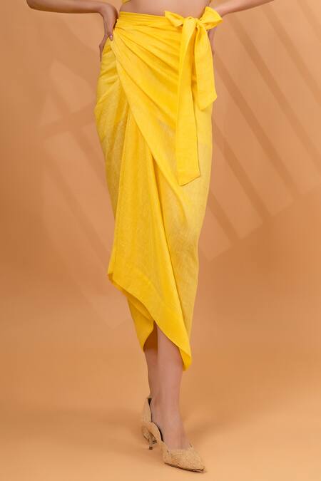 Therealb Yellow Satin, Linen Square Neck Cotton Tube Top With Wrap Skirt Online at Aza Fashions Therealb_Yellow Satin, Linen Square Neck Cotton Tube Top With Wrap Skirt _Online_at_Aza_Fashions
