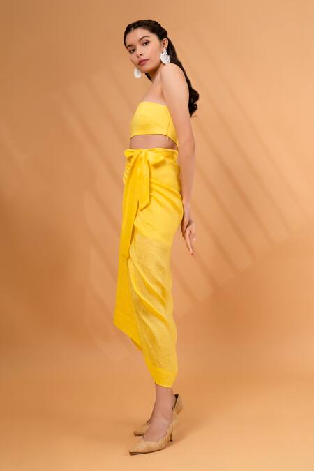 Therealb Yellow Satin, Linen Square Neck Cotton Tube Top With Wrap Skirt at Aza Fashions Therealb_Yellow Satin, Linen Square Neck Cotton Tube Top With Wrap Skirt _at_Aza_Fashions