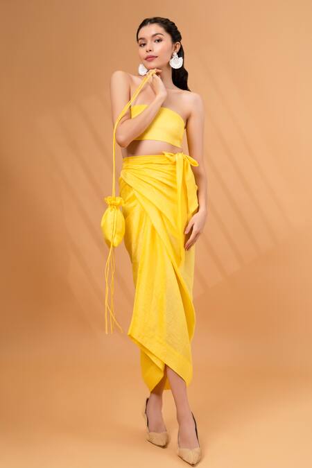 Buy Therealb Yellow Satin, Linen Square Neck Cotton Tube Top With Wrap Skirt Buy_Therealb_Yellow Satin, Linen Square Neck Cotton Tube Top With Wrap Skirt