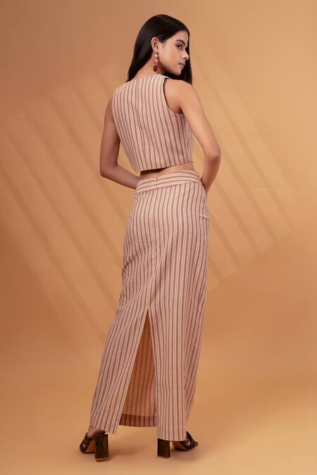 Shop_Therealb_Beige Cotton, Linen V-neck Stripe Pattern Vest With Skirt _at_Aza_Fashions