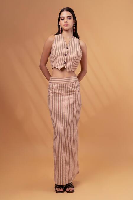 Therealb_Beige Cotton, Linen V-neck Stripe Pattern Vest With Skirt _Online_at_Aza_Fashions