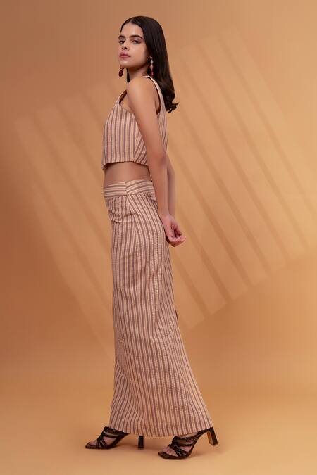 Buy_Therealb_Beige Cotton, Linen V-neck Stripe Pattern Vest With Skirt _Online_at_Aza_Fashions