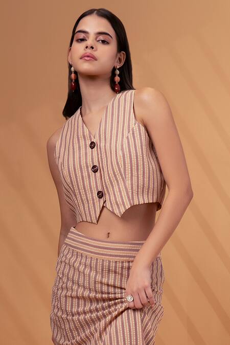 Therealb_Beige Cotton, Linen V-neck Stripe Pattern Vest With Skirt _at_Aza_Fashions