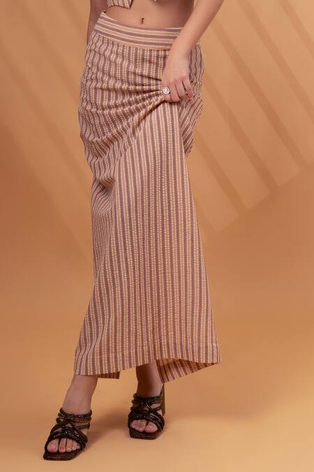 Buy_Therealb_Beige Cotton, Linen V-neck Stripe Pattern Vest With Skirt 