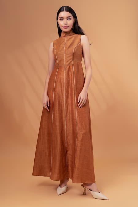 Therealb_Brown Cotton, Linen High Neck Sleeveless Maxi Dress _Online_at_Aza_Fashions
