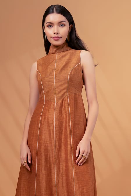 Buy Therealb Brown Cotton, Linen High Neck Sleeveless Maxi Dress Online at Aza Fashions Buy_Therealb_Brown Cotton, Linen High Neck Sleeveless Maxi Dress _Online_at_Aza_Fashions