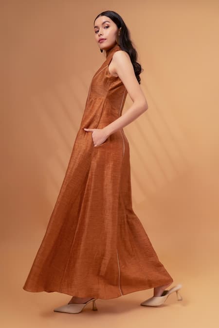 Shop_Therealb_Brown Cotton, Linen High Neck Sleeveless Maxi Dress _Online_at_Aza_Fashions
