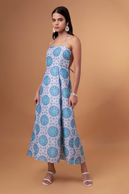 Therealb_Blue Cotton, Linen Halter Neck Floral Mandala Print Midi Dress _Online_at_Aza_Fashions