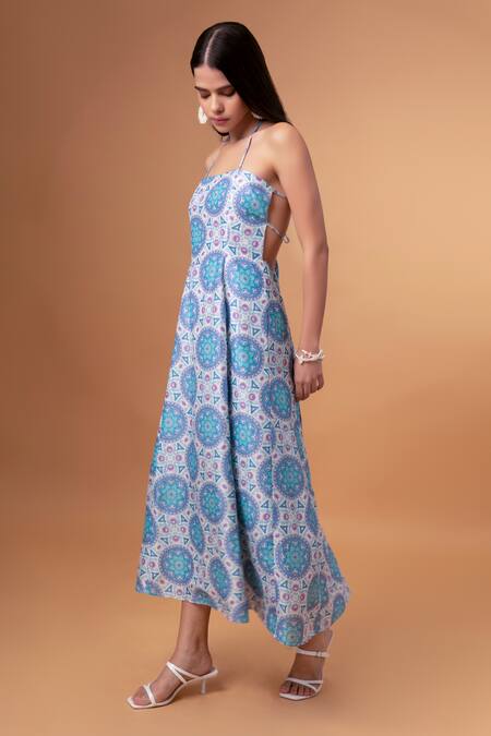 Shop_Therealb_Blue Cotton, Linen Halter Neck Floral Mandala Print Midi Dress _Online_at_Aza_Fashions
