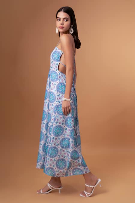 Therealb_Blue Cotton, Linen Halter Neck Floral Mandala Print Midi Dress _at_Aza_Fashions