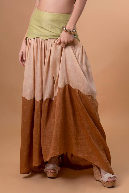 Therealb_Green Cotton Embroidery Square Neck Smocked Top With Color Block Skirt _Online_at_Aza_Fashions