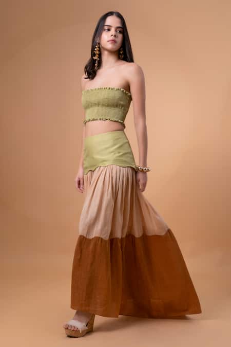 Buy_Therealb_Green Cotton Embroidery Square Neck Smocked Top With Color Block Skirt _Online_at_Aza_Fashions