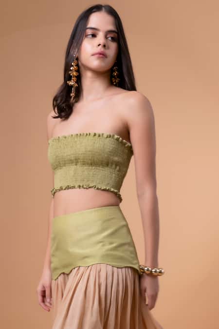 Shop_Therealb_Green Cotton Embroidery Square Neck Smocked Top With Color Block Skirt _Online_at_Aza_Fashions